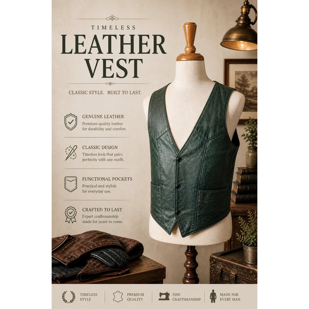 Vintage Dark Green Leather Motorcycle Vest Men's XL 90s Biker Snap Front